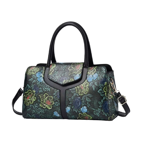 Damen Retro Floral Print Handtasche PU Leder Boston Umhängetasche Geprägte Top Handle Geldbörse Vintage Stil