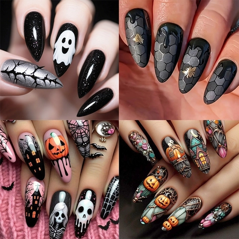 Halloween Unghie Finte Lunghe Stiletto Mandorla Zucca Fantasma Tela Ragno ABS Artificiali Lucide Donne Festa
