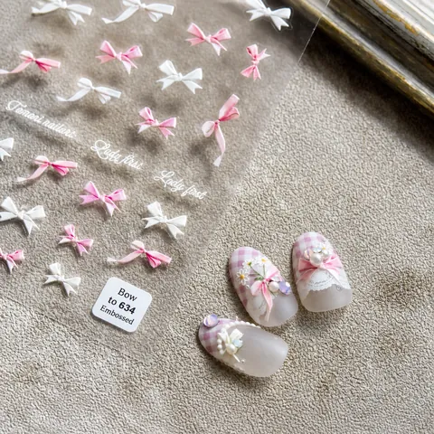 Bowknot Nail Art Stickers 3D Embossed Relief Self Adhesive Japanese Style Pink White Cute DIY Manicure Decals