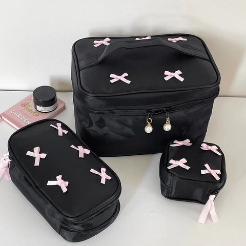 Aesthetic Makeup Bag Pink Ribbon Bow Decoration Nylon Fabric Portable Cosmetic Organizer For Travel Sweet Balletcore
