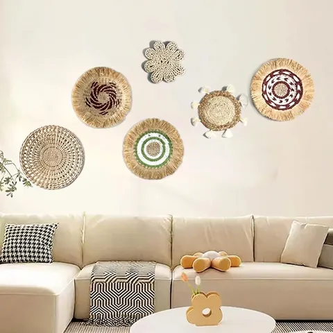 Decorazione Parete Intrecciata Boho Tonda Paglia Naturale Rattan Mais Cotone Motivi Mandala Nappe Fatto Mano