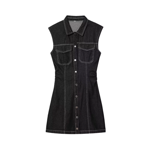 Women Casual Sleeveless Denim Vest Dress Contrast Stitching Lapel Collar Button Up A-Line Slim Fit Mini Jean Dress With Pockets