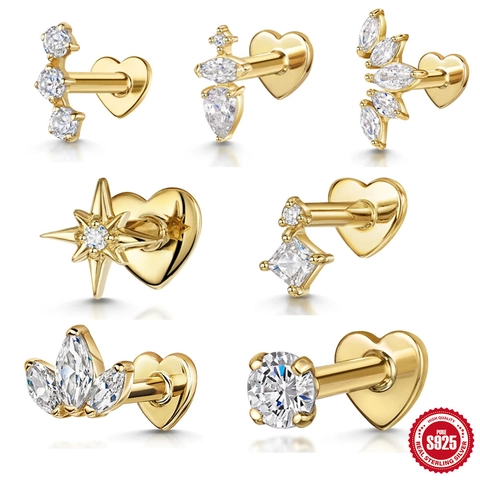 925 Sterling Silver Cartilage Piercing Stud Earring With AAAAA Zircon Star Heart Geometric Body Jewelry For Women