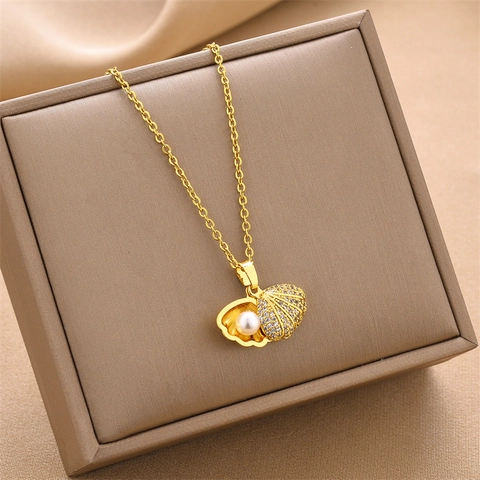 Titanstahl Muschel Künstliche Perle Anhänger Halskette Gold Silber Galvanisiert Zirkonia Elegant Ozean Stil Schmuck Für Damen