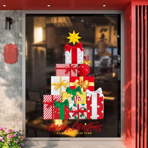 Adesivi Finestra Natale PVC Statico Doppia Faccia Scatola Regalo Forma Albero Buon Natale Decalcomanie Per Porta Vetro Negozio