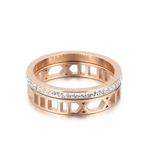 Römische Ziffern Ring 316L Edelstahl Hohl Zirkonia Eingelegt Roségold Plattiert Zweischichtig Mode Damen Schmuck