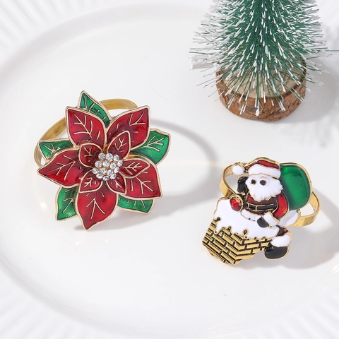 Christmas Napkin Rings Alloy Enamel Santa Claus Poinsettia Flower Rhinestone Dining Table Decor Festive Wedding Party