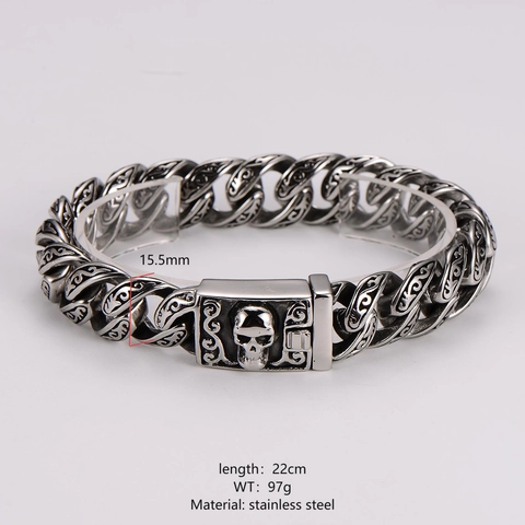 Pulsera De Cadena Cubana Para Hombre Vintage Acero Inoxidable 304 Patrón Tallado Cierre De Calavera Gothic Punk Biker Joyas