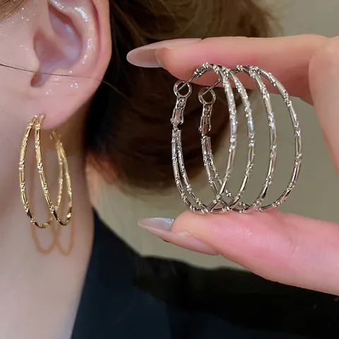 Europäischer Amerikanischer Stil Zweilagige Bambus Textur Creolen Für Damen Kupfer Mit Silber Ohrringpfosten