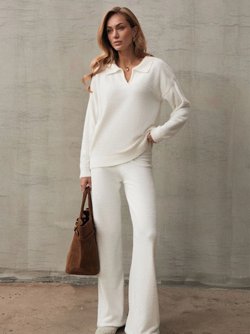 Damen Strickpullover Mit Polo V Ausschnitt Und Weite Hose Weiches Nerzvlies Material Komfortable Freizeitkleidung