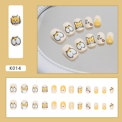 Unghie Finte Press On Carino Cucciolo Corgi Cartone Animato Modello Cuore Osso Corto Tondo Per Donne Ragazze