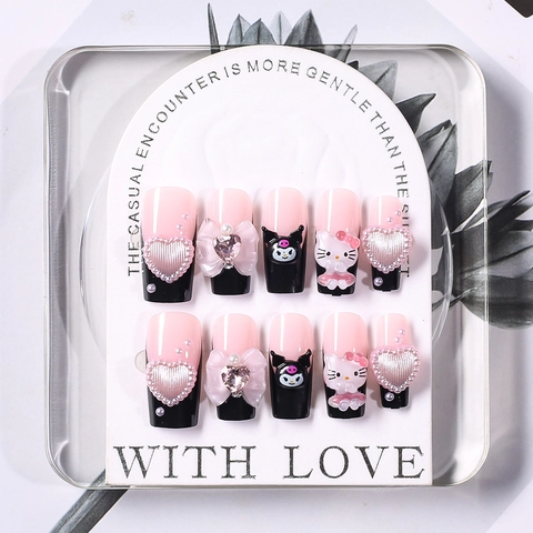 Press On Nails With 3D Bow Flower Rhinestone Artificial Pearl Heart Charm Gradient French Style Long Coffin Fake Nails