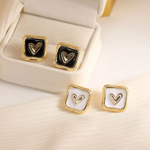 Vintage Square Heart Stud Earrings For Women Copper With 925 Sterling Silver Earring Post Enamel Fashion Daily Jewelry