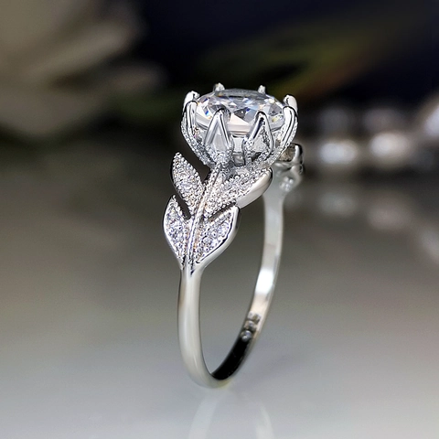 Leaf Flower Micro Pave Zircon Ring Copper Crown Wedding Engagement Jewelry For Women Elegant Fashion