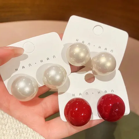 Pendientes De Bola Redonda Grande Con Perlas Artificiales De Imitación Y Poste De Plata Elegante Minimalista Moda Para Mujer
