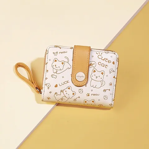 Portafoglio Bifold Da Donna Con Stampa Gatto Carino In Pelle PU Piccolo Porta Carte Tasca Monete Con Cerniera E Cinturino