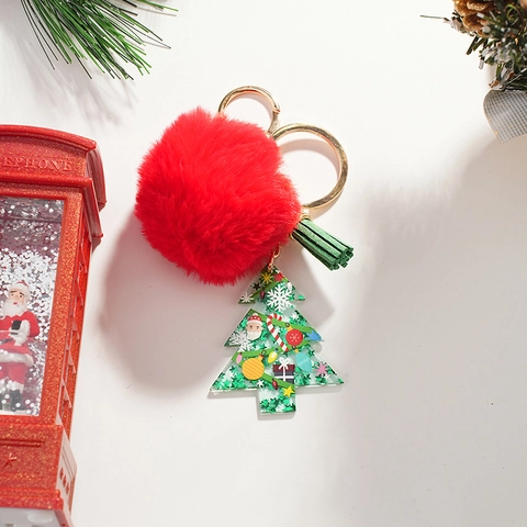 Albero di Natale Pompon Rosso in Pelliccia Sintetica Nappa Verde Portachiavi in Acrilico Babbo Natale Ciondolo Borsa Regalo Natale