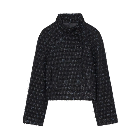 Dames Tweed Jasje Metaaldraad Double Breasted Staande Kraag Kort Elegant Lange Mouwen Franjerand Casual