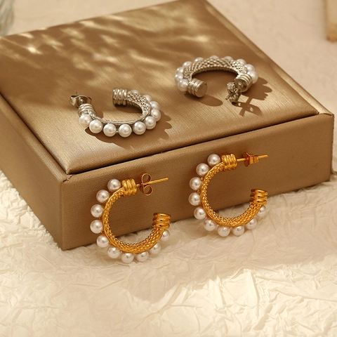 Pendientes De Aro Con Perlas Artificiales De Acero Inoxidable Retro Francés Forma C Lujo Estilo INS Joyería Para Mujeres