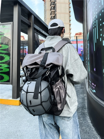 Mochila Baloncesto Gran Capacidad Nailon Impermeable Roll Top Con Red Para Casco Deporte Entrenamiento Urban Techwear Hombres