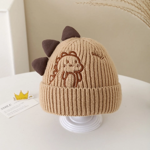 Kids Winter Knit Beanie Hat With 3D Dinosaur Fins Cartoon Embroidery Warm Soft Thermal Cap For Boys Girls Autumn Outdoor