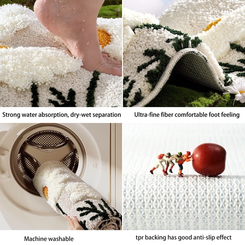 Bathroom Floor Mat Tufted Flocked Absorbent Non-Slip Daisy Flower Wave Pattern Decorative Entrance Rug Home Decor