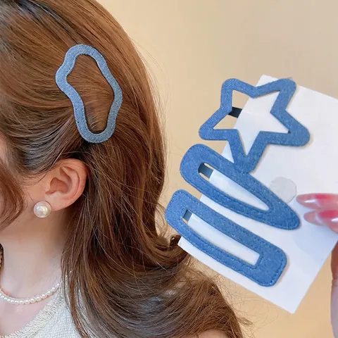 Mollette Per Capelli In Tessuto Denim Stella Quadrata Goccia D'acqua Forme Irregolari Clip Metalliche BB Retro Blu Accessori Donna