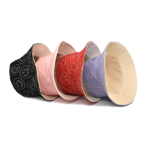Cappello Alla Pescatora In Cotone Con Viso Sorridente Ricamato Tesa Larga Protezione Solare Traspirante Streetwear Cappello Casual Per Donne
