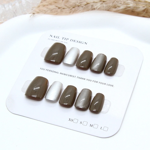 Handmade Press On Nails Cat Eye Brown Metallic Silver ABS Plastic False Nails Retro Square Shape For Women Girls