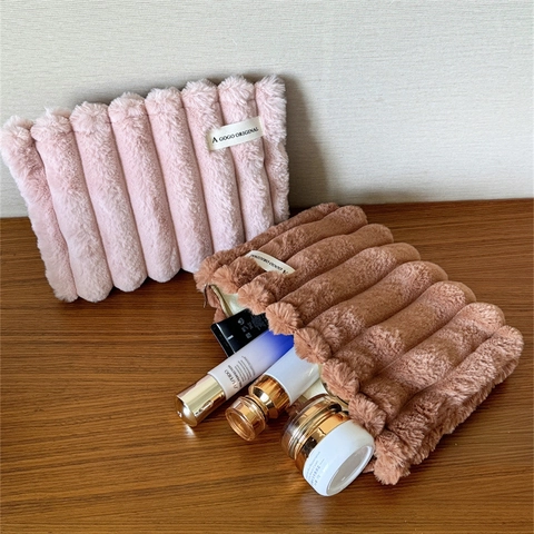 Plüsch Kosmetiktasche Gerippte Streifen Große Kapazität Make Up Beutel Weich Reise Organizer Handtasche Für Damen Mode