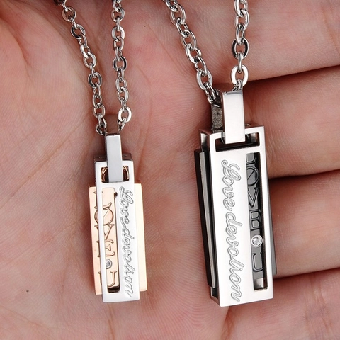 Stainless Steel Pendant Necklace With Cubic Zirconia Engraved Love Devotion Bar Jewelry Gift For Couples