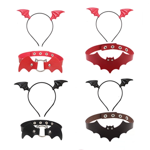 Cerchietto Con Ali Di Pipistrello Fermagli Per Capelli E Girocollo Pelle PU Pizzo Gotico Diavolo Halloween