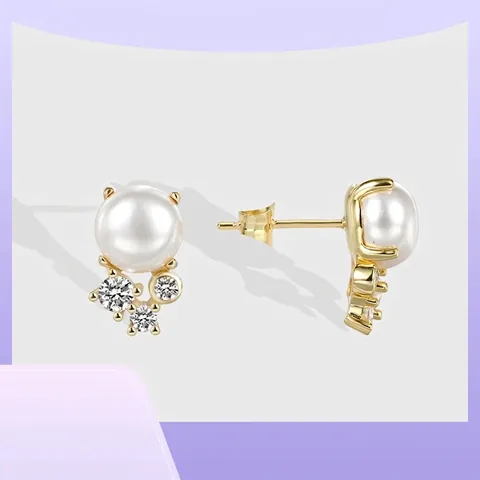 Artificial Pearl Zircon Stud Earrings Gold Plated Copper With 925 Sterling Silver Earring Post Elegant Minimalist Jewelry For Women