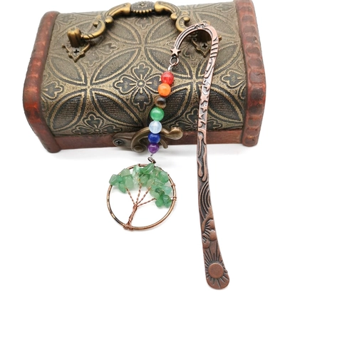 Vintage Metal Bookmark With Tree Of Life Pendant And Seven Chakra Natural Stone Beads Antique Bronze Style