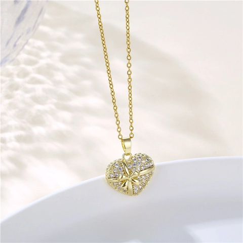 Herz Anhänger Halskette Mit Schleife 18K Vergoldet Edelstahl Kupfer Zirkon Geschenkbox Stil Für Damen