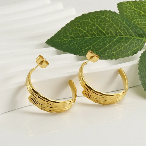 Irregular C Shape Hoop Earrings Stainless Steel 18K Gold Plated Organic Texture Vintage Geometric Studs For Women