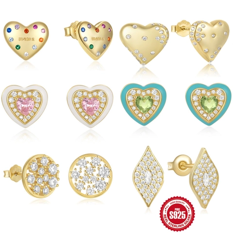 925 Sterling Silver Stud Earrings With Zircon Enamel Heart Round Rhombus Geometric Jewelry For Women Mother Gift