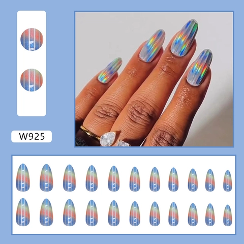 Aurora Rainbow Holographic Cat Eye Press On Nails Almond Shape ABS Plastic Vertical Line Design For Women Fashion