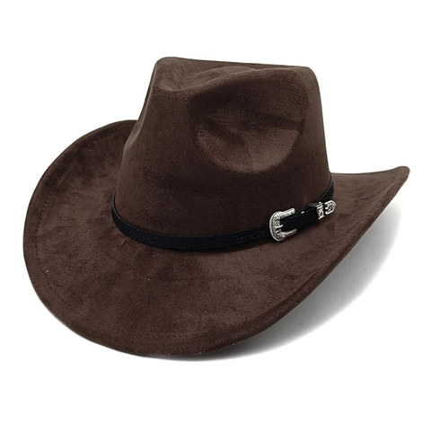 Western Cowboy Hat Suede Wide Brim With Silver Metal Buckle Retro Ethnic Style Fedora For Men Women