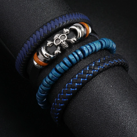 PU Leder Legierung Totenkopf Anhänger Holzperlen Geflochten Gewebt Mehrlagig Punk Retro Gotisch Minimalistisch Armband