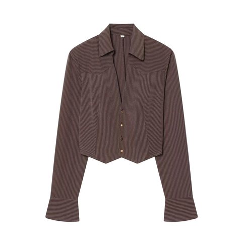 Women Striped Crop Blouse Long Sleeve V Neck Shoulder Pads Polyester Shirt Gold Buttons Pointed Hem Chic Elegant Top