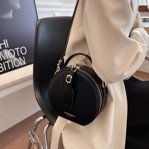 Runde Umhängetasche Damen PU Leder Retro Handtasche Kleine Schultertasche Mode Verstellbarer Riemen Reißverschluss
