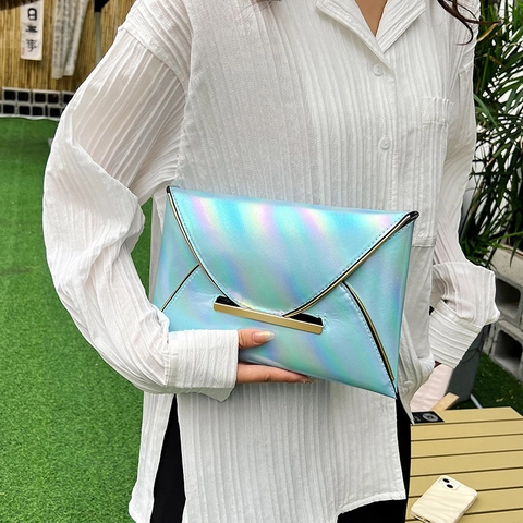 Women's Fashion Holographic Laser Envelope Clutch Bag PU Leather Handbag With Metal Trim For Party Daily Matching