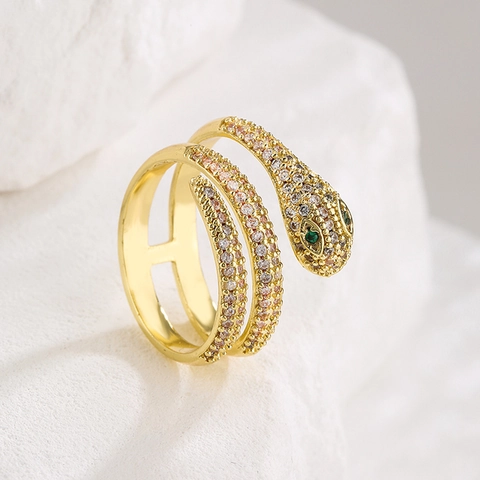 Snake Shape Ring Copper Gold Plated Zircon Inlaid Adjustable Opening Fashion Jewelry For Women Green Eyes
