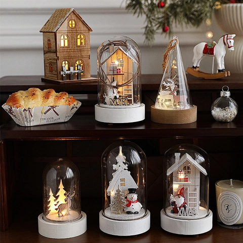Christmas Glass Dome Led Night Light Wooden Base Miniature Snow Scene Santa Reindeer Desktop Ornament Holiday Decoration