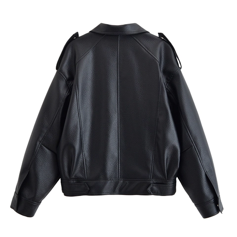 Chaqueta De Cuero Sintético Para Mujer PU Moto Biker Abrigo Textura Lichi Cremallera Punk Streetwear Negro