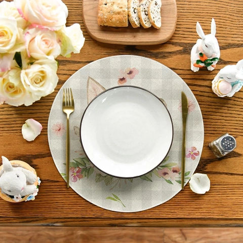 Tovaglietta Rotonda Pasqua Orecchie Di Coniglio Motivo Floreale Rosa Texture Lino Poliestere Lavabile Resistente Al Calore