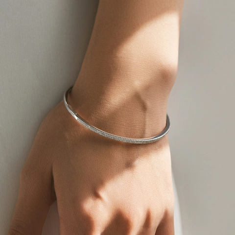 925 Sterling Silver Bangle Bracelet Pave Cubic Zirconia Enamel Minimalist Luxury Jewelry For Women