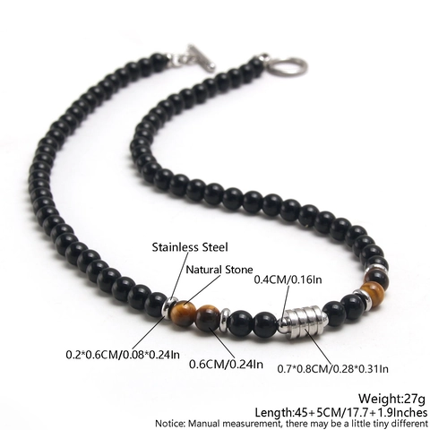 Men Natural Tiger Eye Map Stone Obsidian Beaded Necklace With Stainless Steel Toggle Clasp Retro Punk Style Neck Jewelry