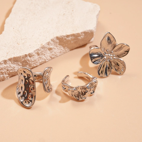 Anillos De Aleación Ajustables Con Textura De Metal Líquido Arrugado Geométrico Irregular De Flores Para Mujer